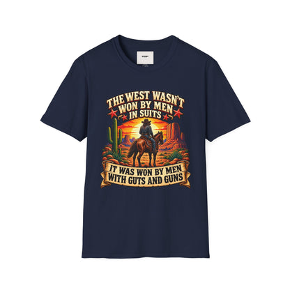 Western Graphic T-Shirt — “The West Wasn’t Won by Men in Suits” Cowboy Sunset Tee