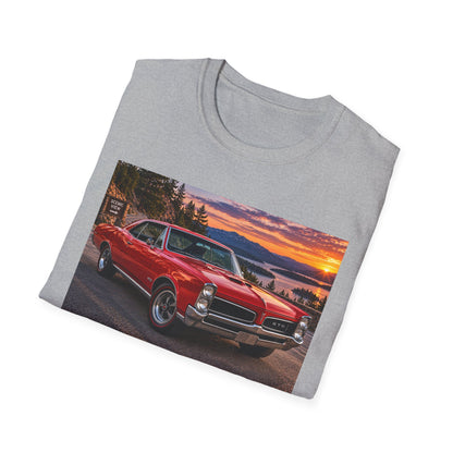 Classic Red Muscle Car T-Shirt — Vintage Pontiac Sunset Driving Tee