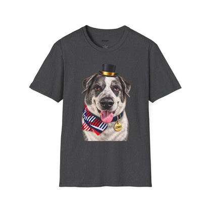 Patriotic Pup Tee — Dog with Top Hat & American Flag Bandana