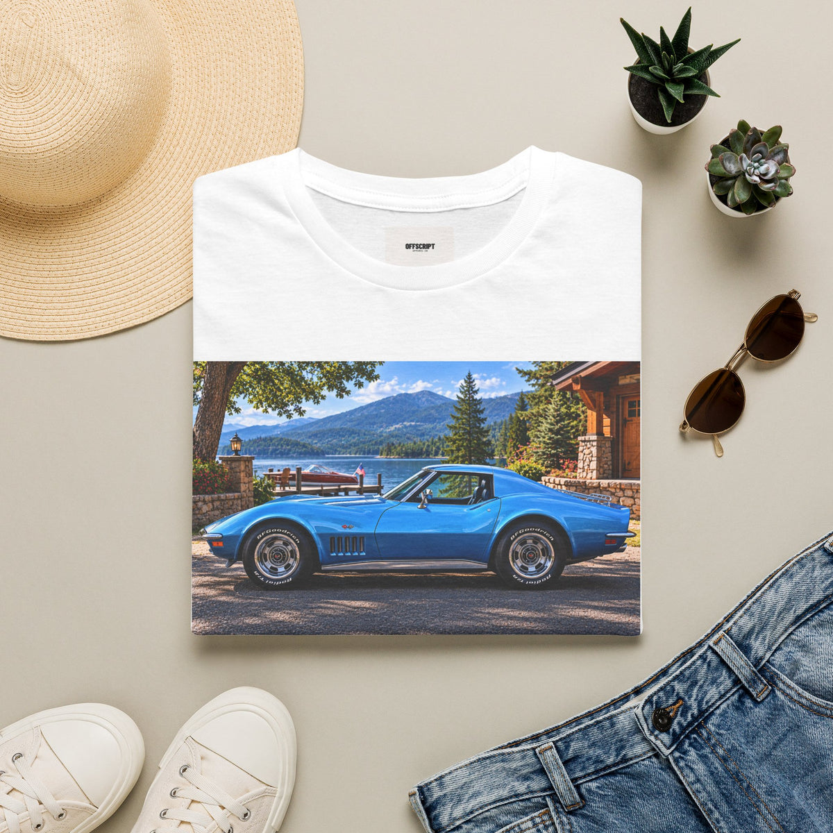 1968 Chevrolet Corvette Stingray Graphic T‑Shirt — Blue Classic Car Lakefront Print