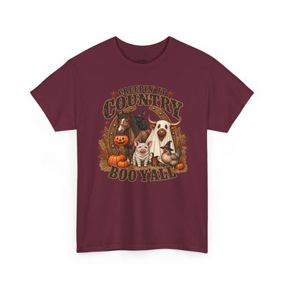 Country Halloween Tee — "Keepin' It Country Boo Y'all" Farm Animal Pumpkin T-Shirt