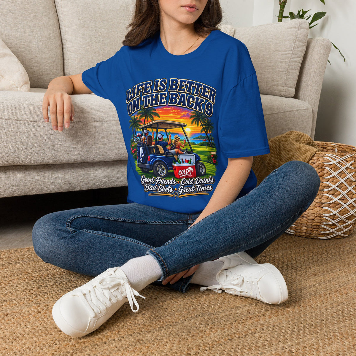 Golf T-Shirt — "Life Is Better on the Back 9" Sunset Golf Cart Design