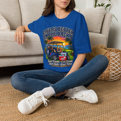 Golf T-Shirt — "Life Is Better on the Back 9" Sunset Golf Cart Design