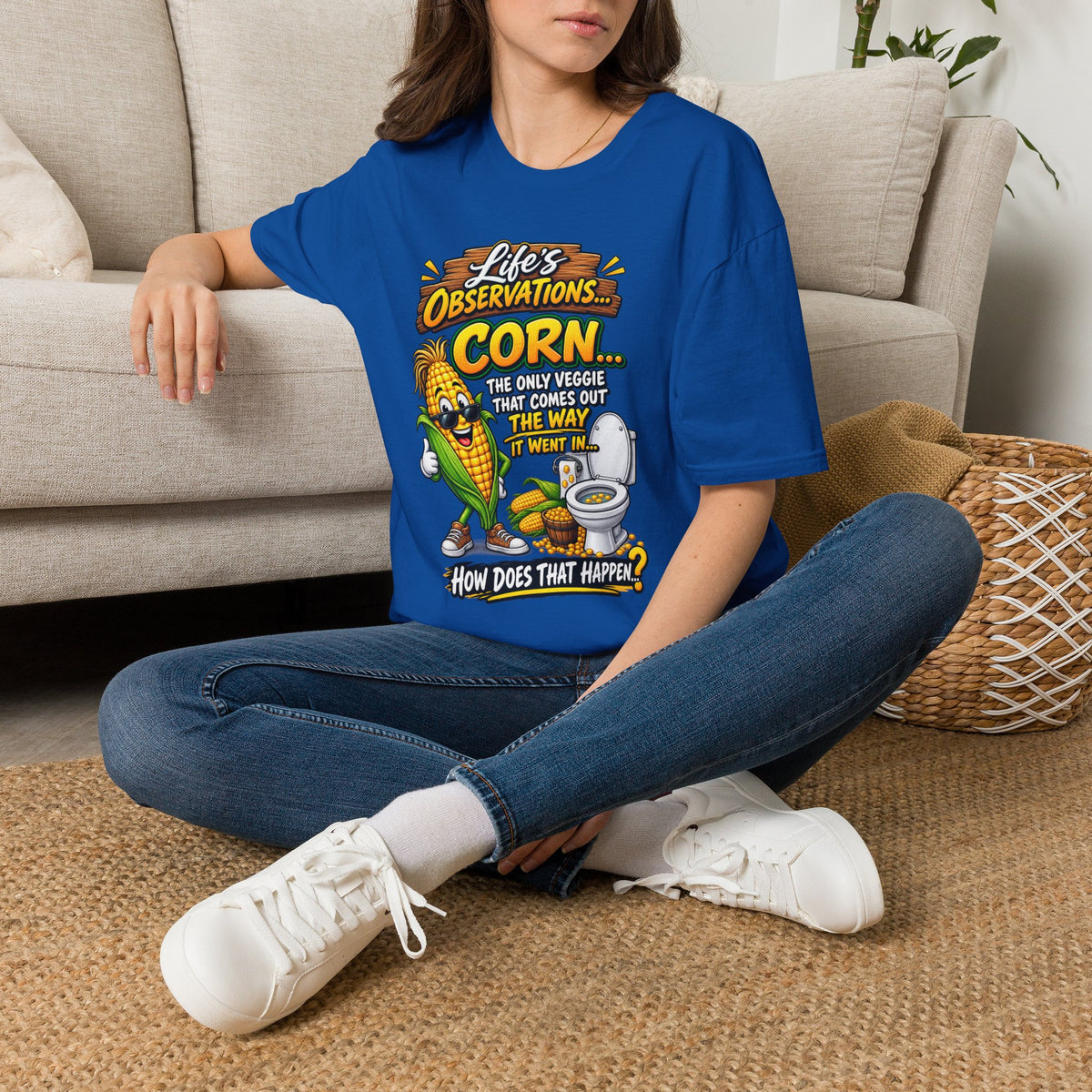 Life’s Observations: Corn Funny Graphic T-Shirt — 'Corn: The Only Veggie That Comes Out the Way'