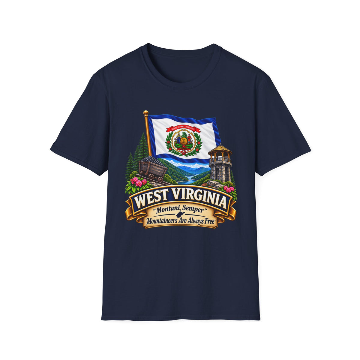 West Virginia Flag T-Shirt — State Pride Scenic Design ("Mountaineers Are Always Free")
