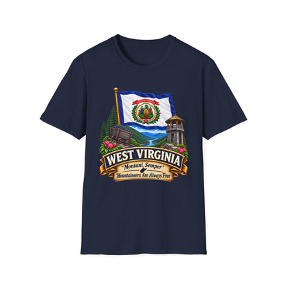 West Virginia Flag T-Shirt — State Pride Scenic Design ("Mountaineers Are Always Free")