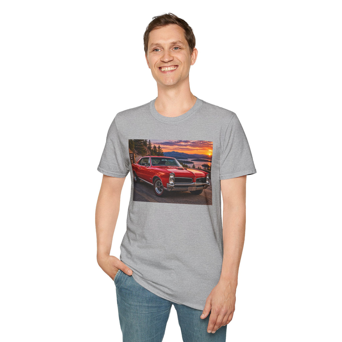 Classic Red Muscle Car T-Shirt — Vintage Pontiac Sunset Driving Tee