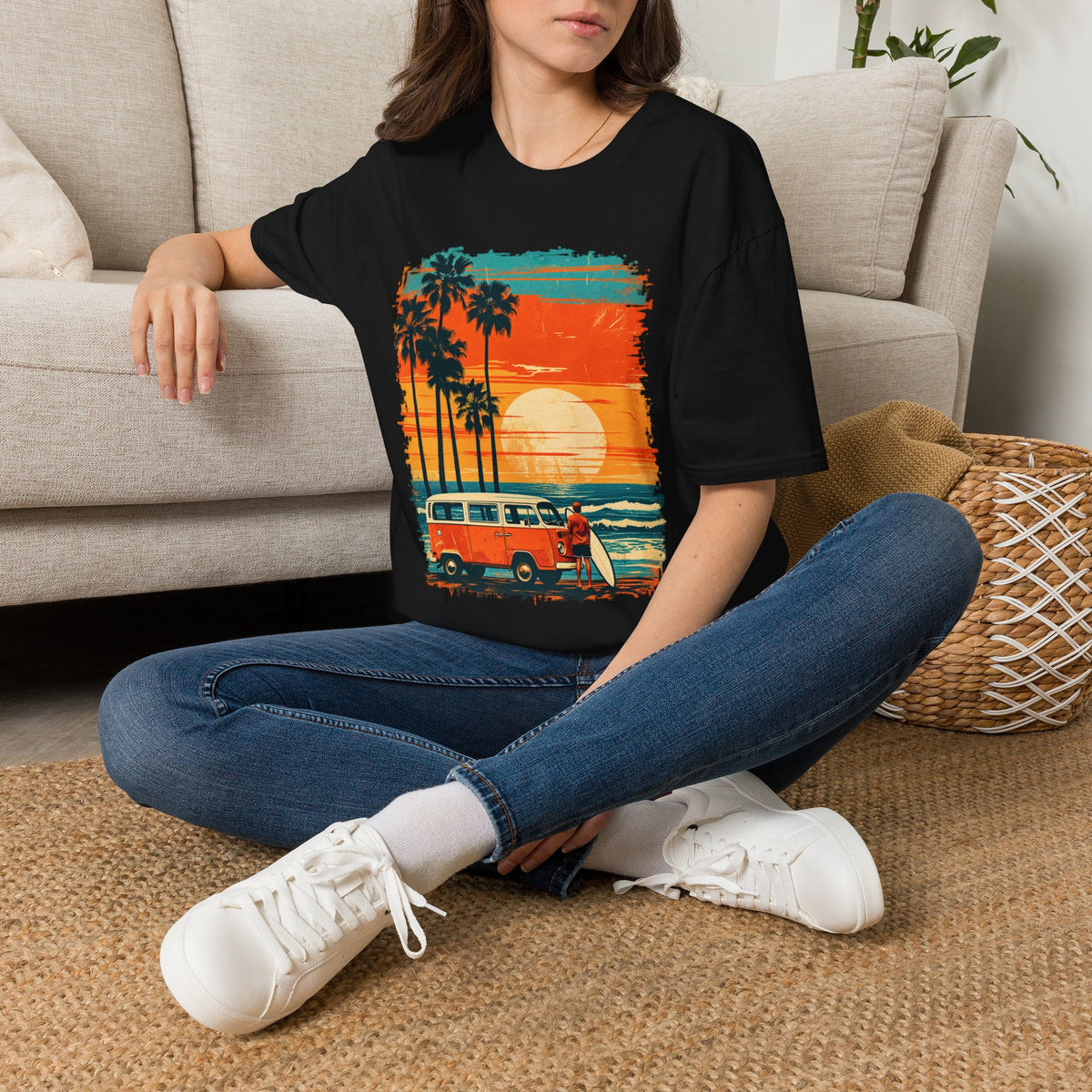 Retro Sunset Van T-Shirt – Tropical Beach Road Trip Graphic