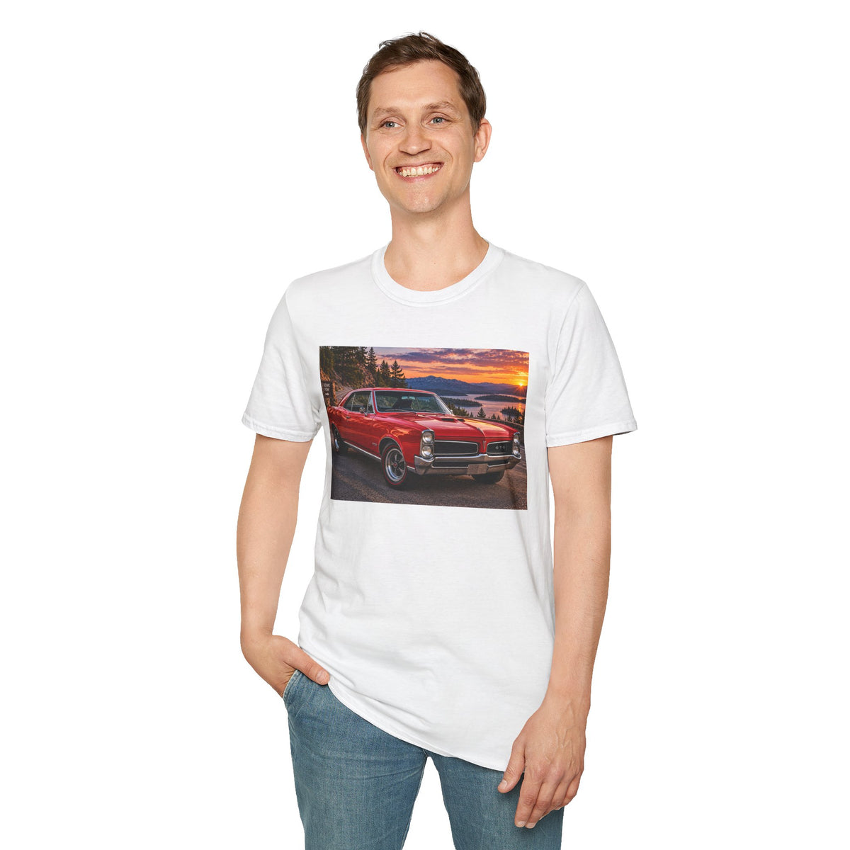 Classic Red Muscle Car T-Shirt — Vintage Pontiac Sunset Driving Tee