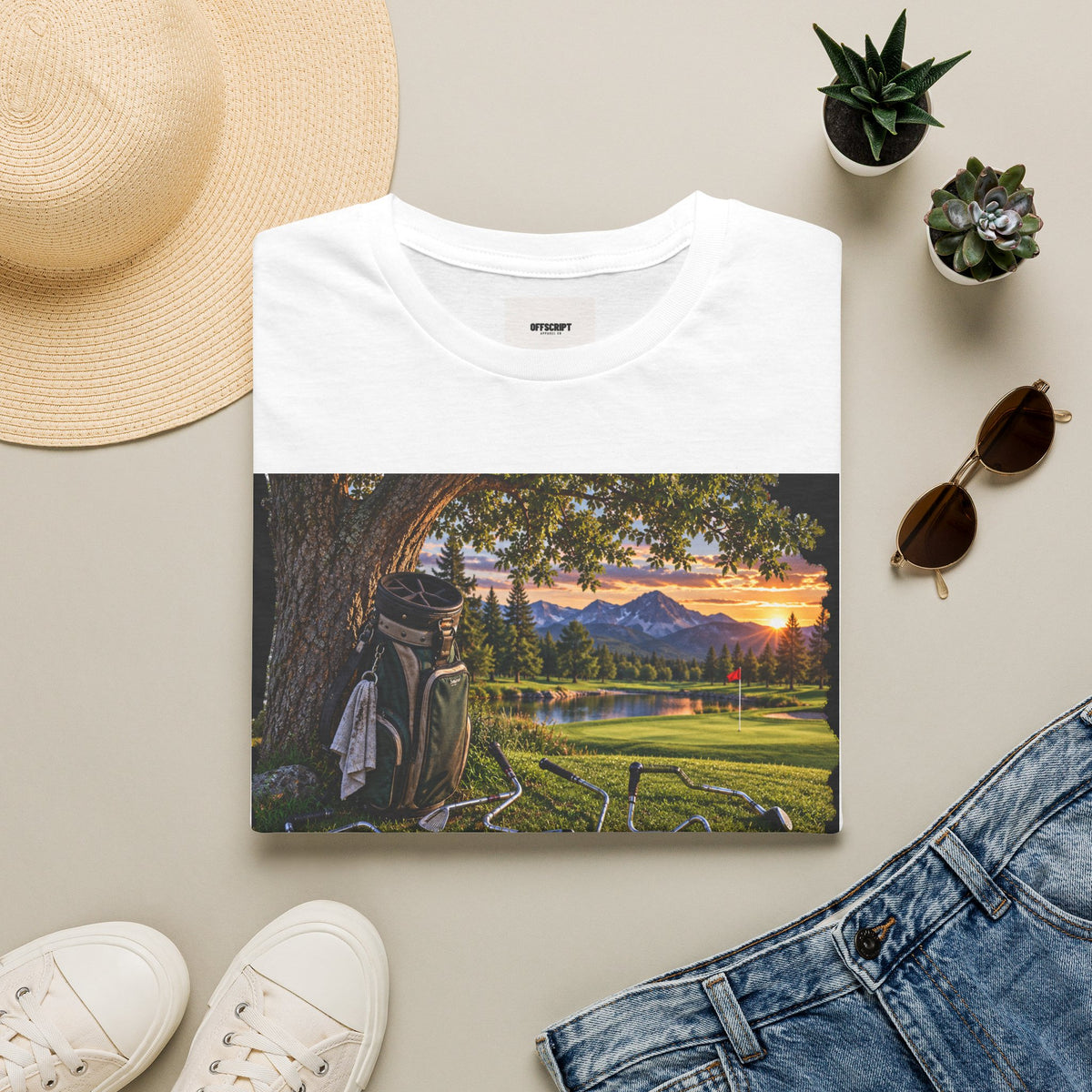 Golf Relaxation T-Shirt — "GOLF: a great way to relieve stress" Scenic Sunset Design