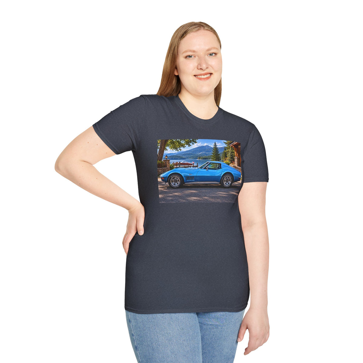 1968 Chevrolet Corvette Stingray Graphic T‑Shirt — Blue Classic Car Lakefront Print