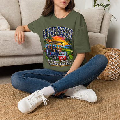 Golf T-Shirt — "Life Is Better on the Back 9" Sunset Golf Cart Design