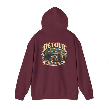 Detour Vintage Hot Rod Hoodie — "Take The Long Way" Classic Car Sweatshirt