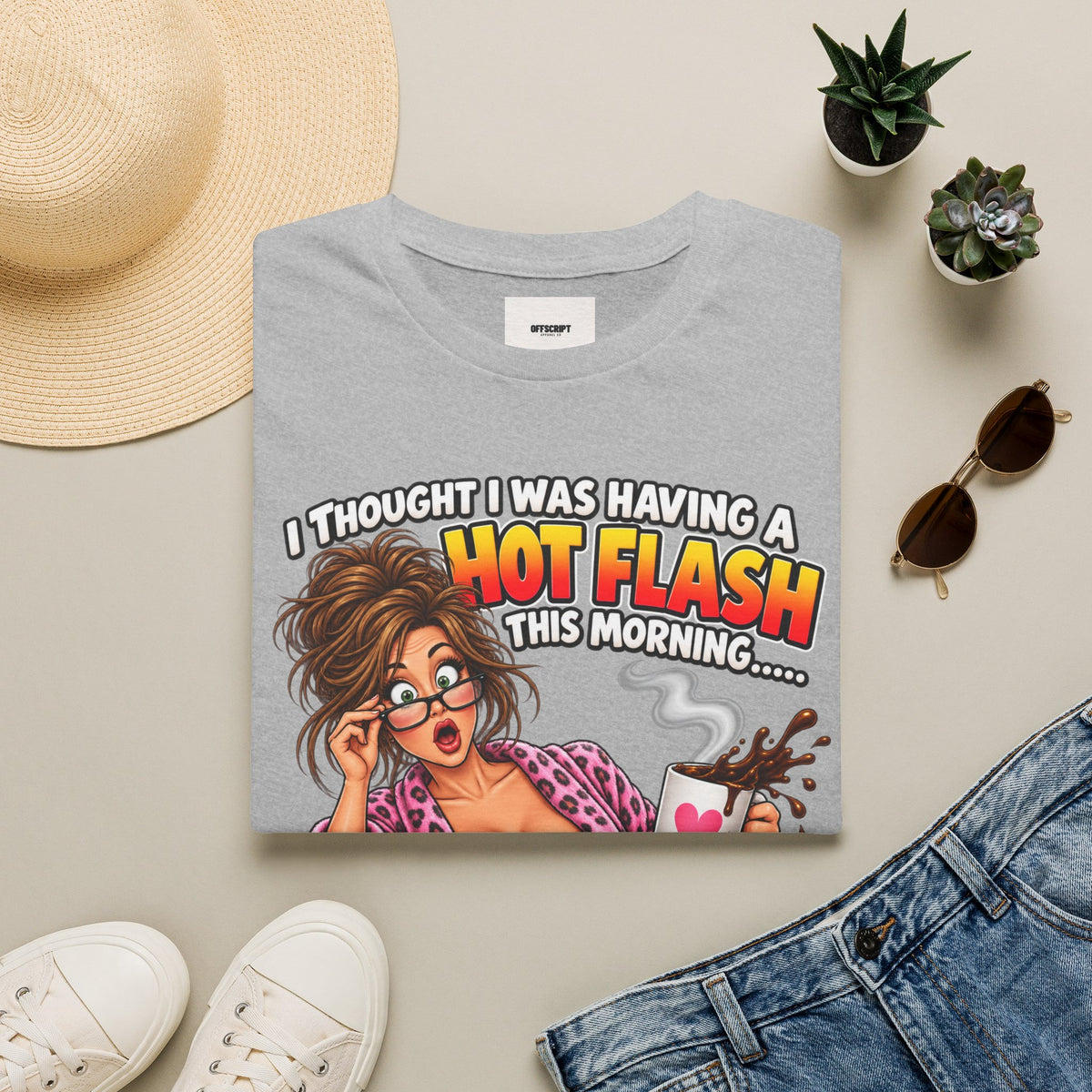Hot Flash Coffee Tee — Funny Menopause T-Shirt (‘My Boobs Fell in the Coffee’)