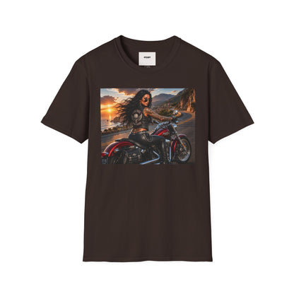 Biker Girl Sunset T-Shirt — Motorcycle Rider Graphic Tee