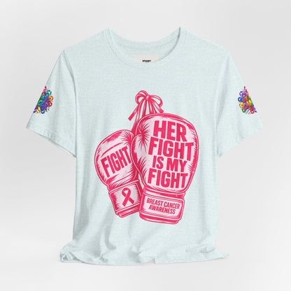 Breast Cancer Awareness Tee – “Her Fight Is My Fight” Boxing Gloves T-Shirt