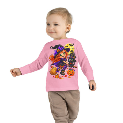 Toddler Halloween Witch Long Sleeve Tee — Cute Witch & Black Cat Pumpkin Design
