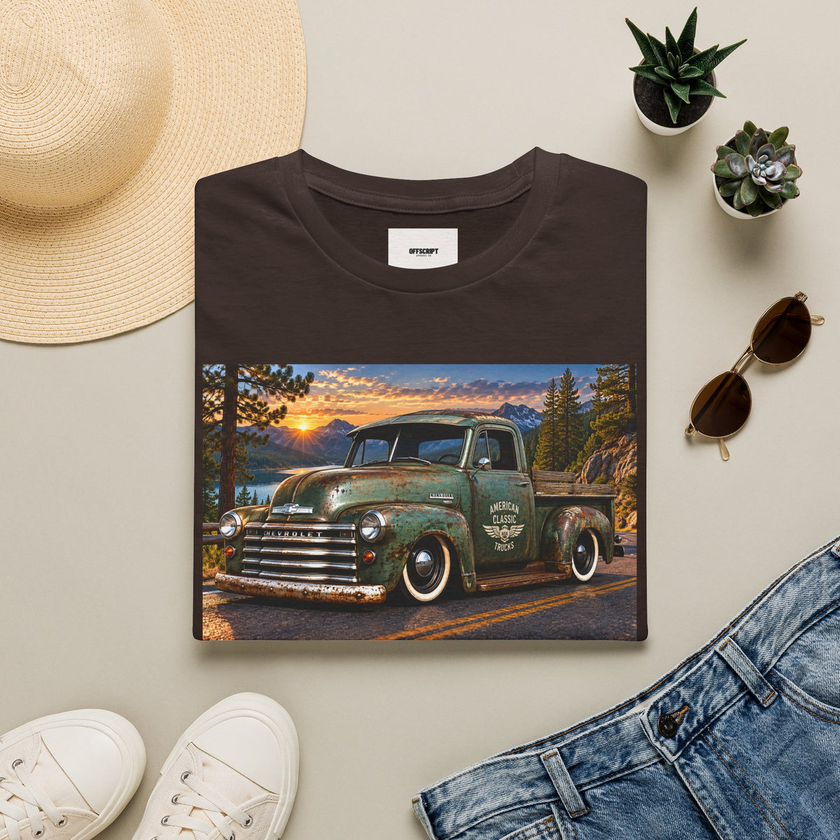 Vintage Green Pickup Truck T-Shirt — Retro Rustic Sunset Road Tee