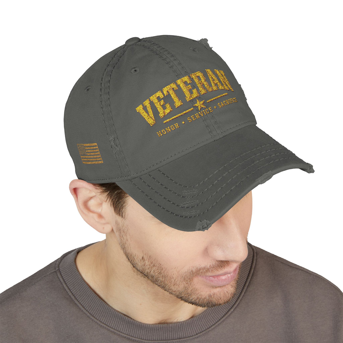 Veteran Embroidered Distressed Dad Hat — USA Honor Gratitude