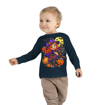 Toddler Halloween Witch Long Sleeve Tee — Cute Witch & Black Cat Pumpkin Design