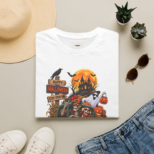 Halloween Truck Graphic T‑Shirt — Happy Halloween Ghosts & Pumpkins Design