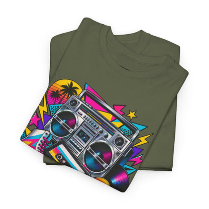 Retro Boombox Tee — 80s Neon Music Graphic T-Shirt