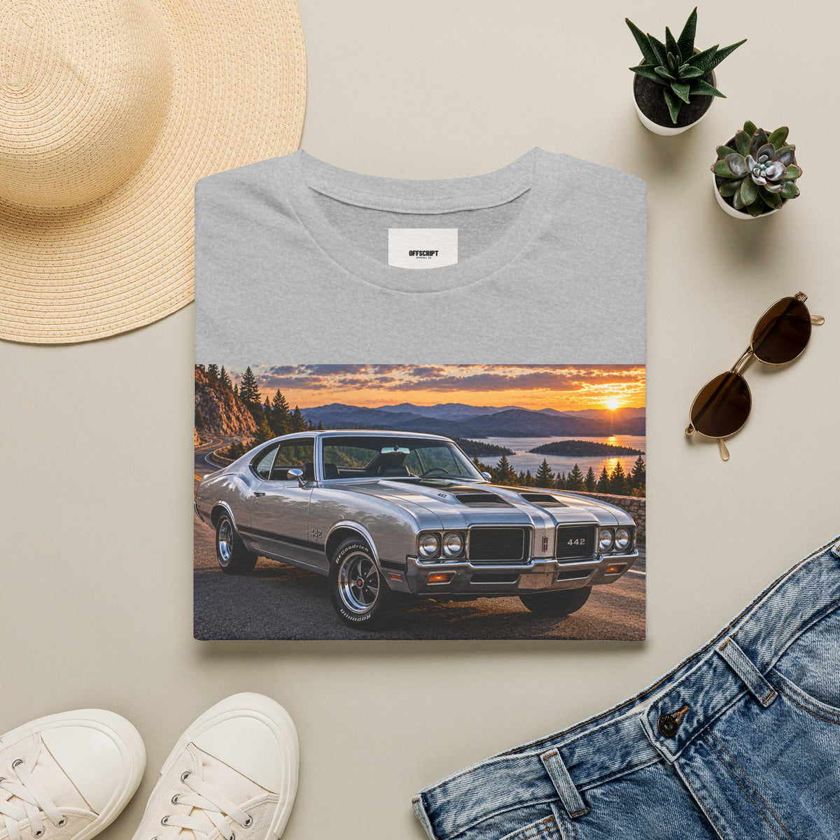 Classic Muscle Car Sunset T-Shirt — Vintage Oldsmobile Photo Tee