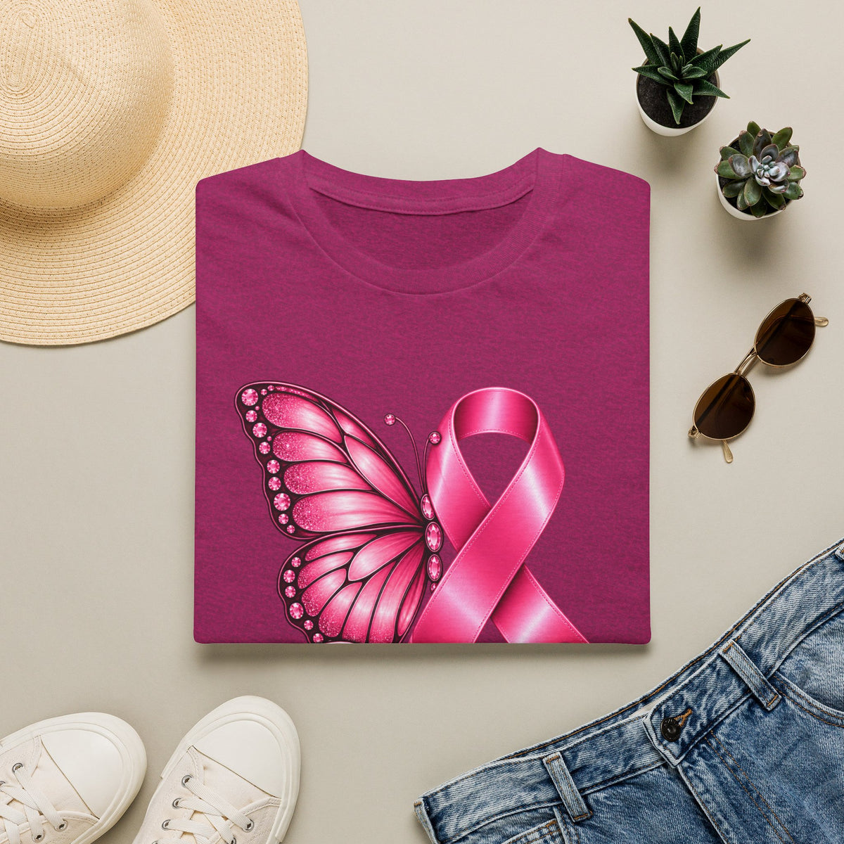 Pink Ribbon Butterfly Breast Cancer Awareness T-Shirt | Support Ribbon Tee