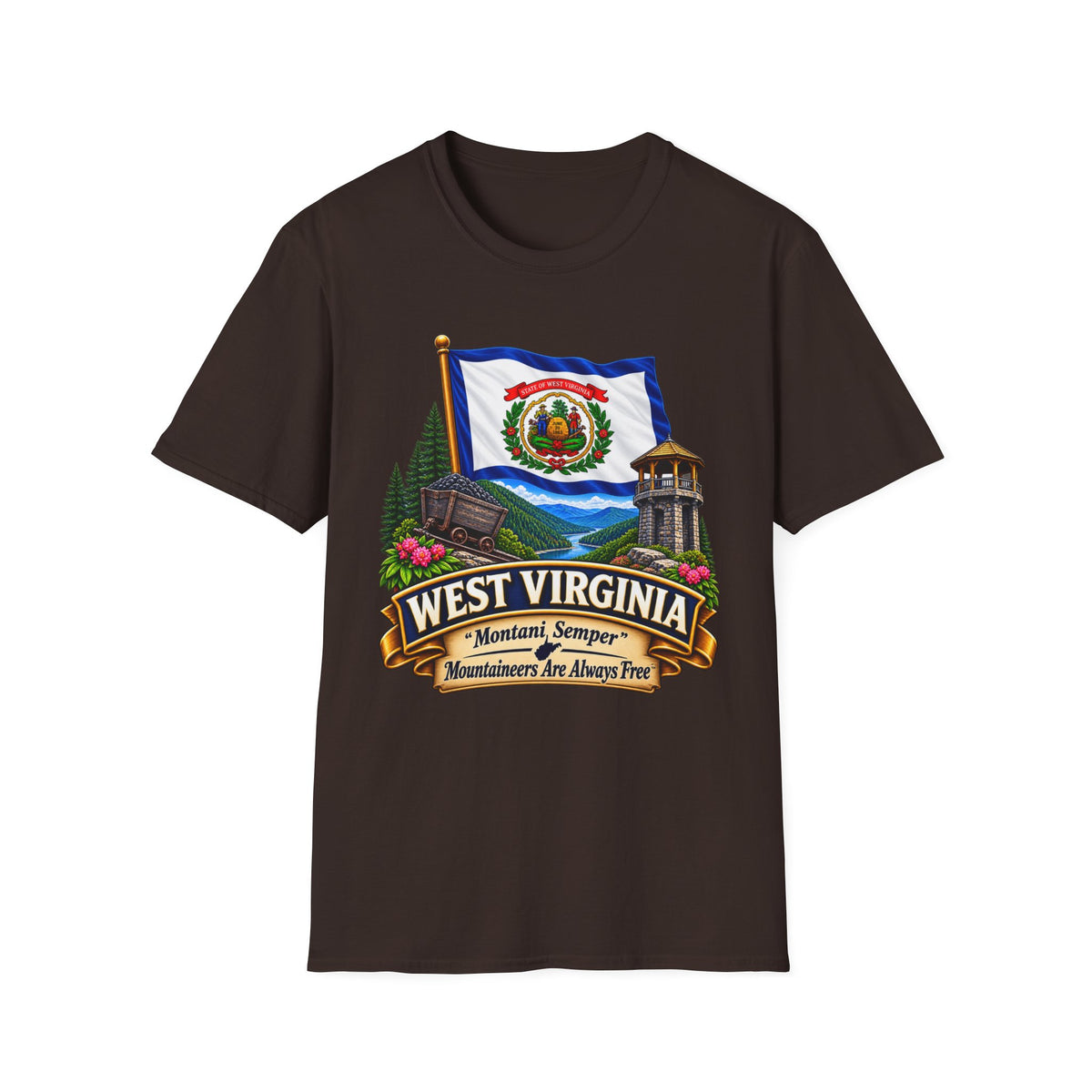 West Virginia Flag T-Shirt — State Pride Scenic Design ("Mountaineers Are Always Free")