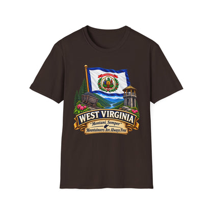 West Virginia Flag T-Shirt — State Pride Scenic Design ("Mountaineers Are Always Free")