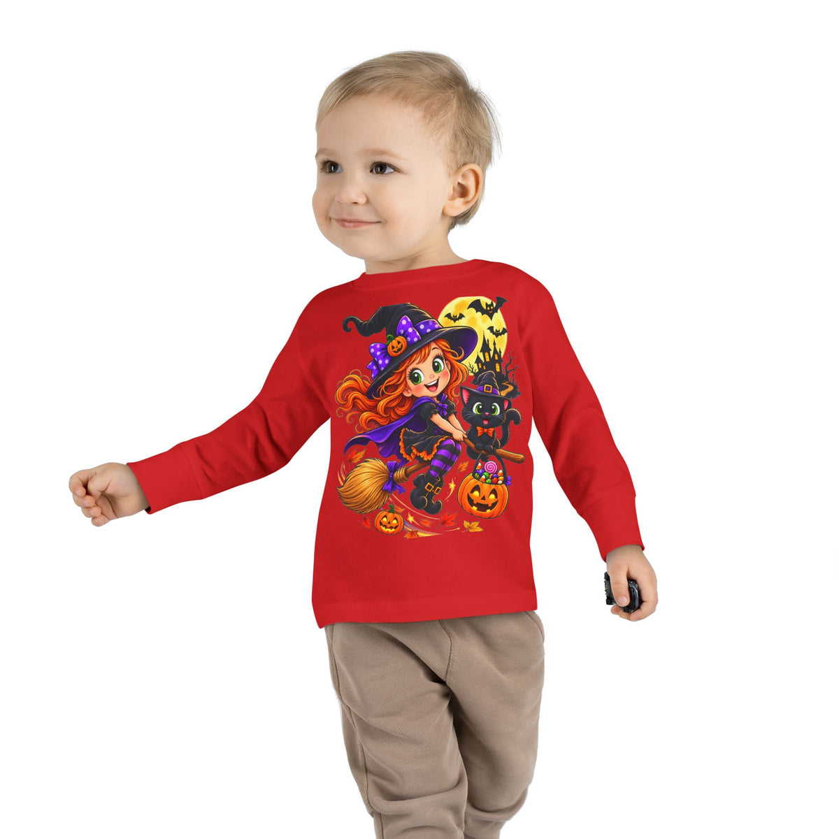 Toddler Halloween Witch Long Sleeve Tee — Cute Witch & Black Cat Pumpkin Design
