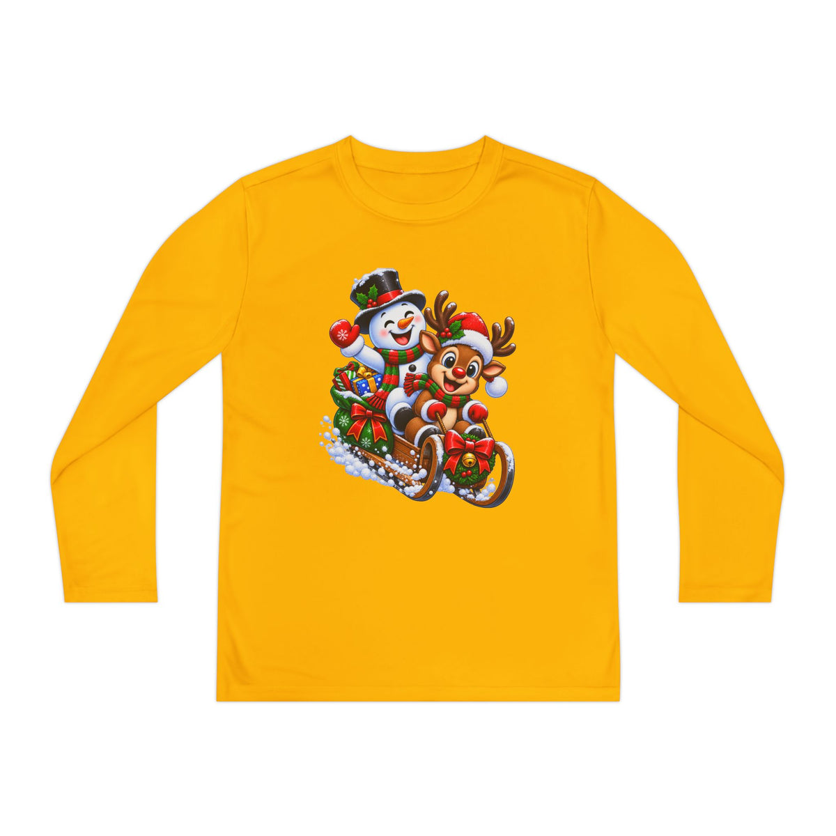 Kids' Christmas Sledding Tee — Snowman & Reindeer Holiday Long Sleeve