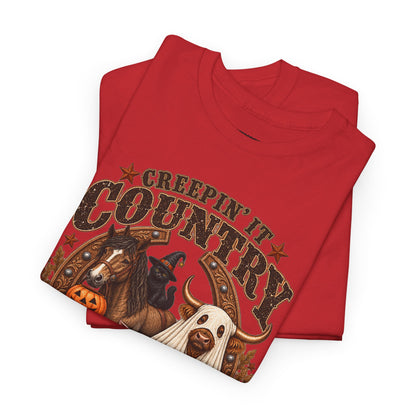 Country Halloween Tee — "Keepin' It Country Boo Y'all" Farm Animal Pumpkin T-Shirt