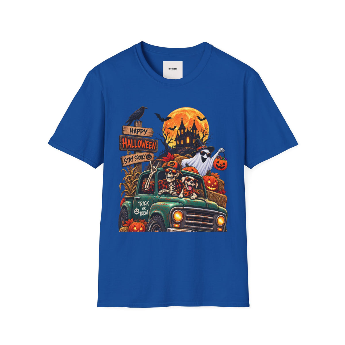 Halloween Truck T‑Shirt — "Happy Halloween, Stay Spooky" Cute Haunted Pumpkin Design