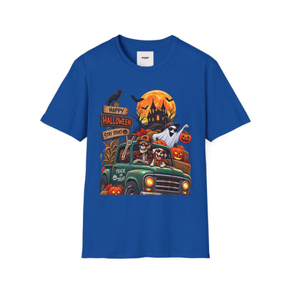 Halloween Truck T‑Shirt — "Happy Halloween, Stay Spooky" Cute Haunted Pumpkin Design