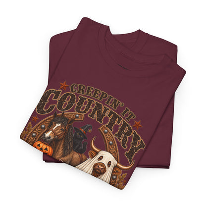 Country Halloween Tee — "Keepin' It Country Boo Y'all" Farm Animal Pumpkin T-Shirt