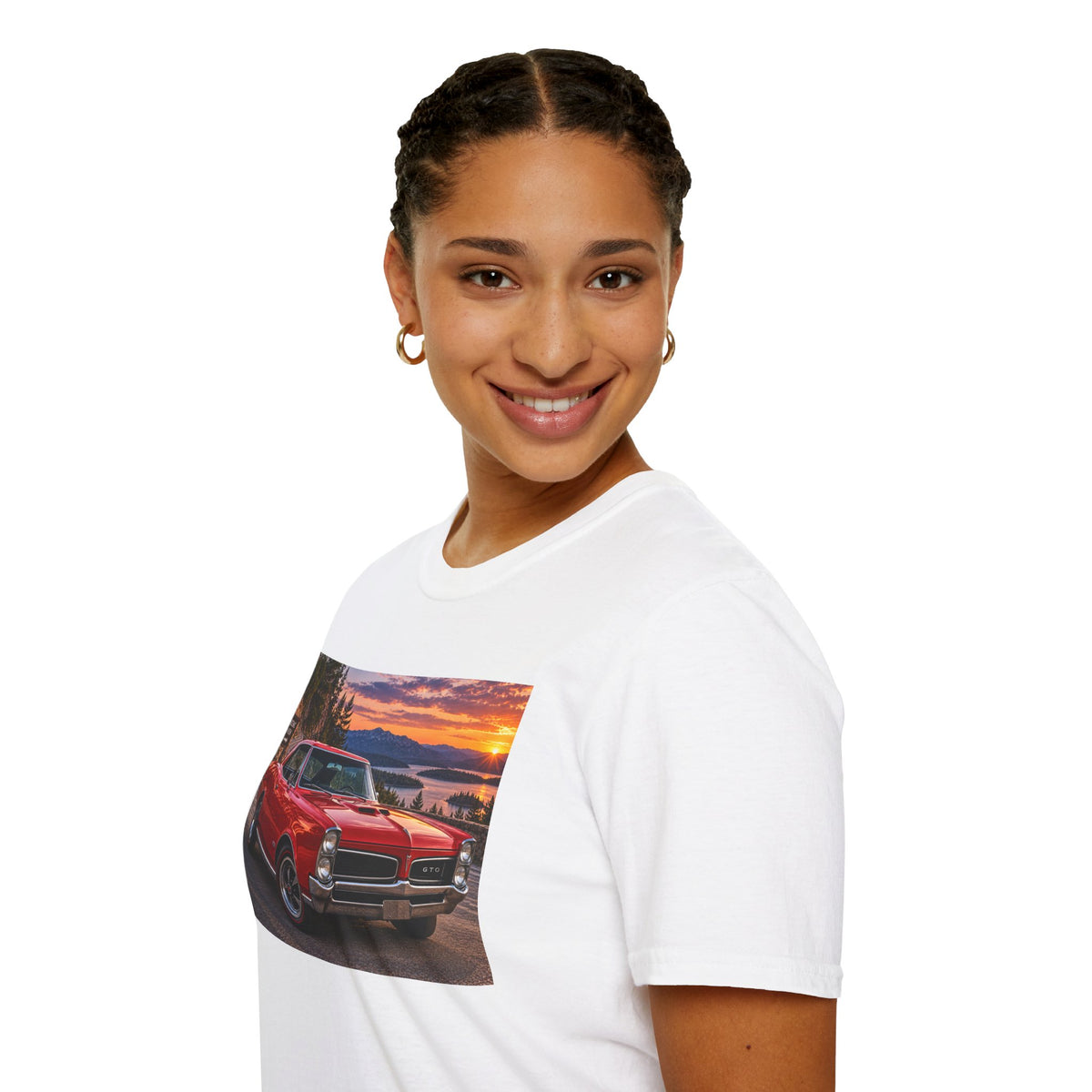 Classic Red Muscle Car T-Shirt — Vintage Pontiac Sunset Driving Tee