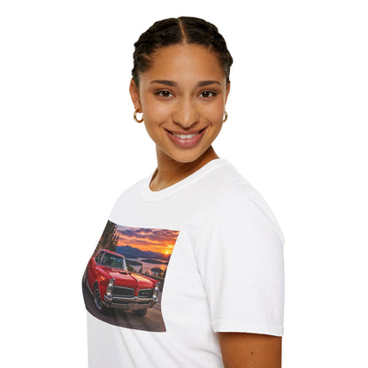 Classic Red Muscle Car T-Shirt — Vintage Pontiac Sunset Driving Tee