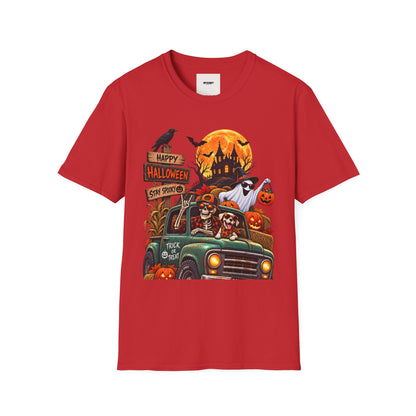 Halloween Truck T‑Shirt — "Happy Halloween, Stay Spooky" Cute Haunted Pumpkin Design