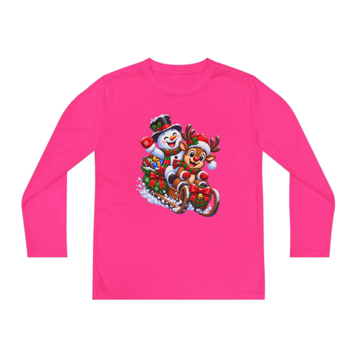 Kids' Christmas Sledding Tee — Snowman & Reindeer Holiday Long Sleeve