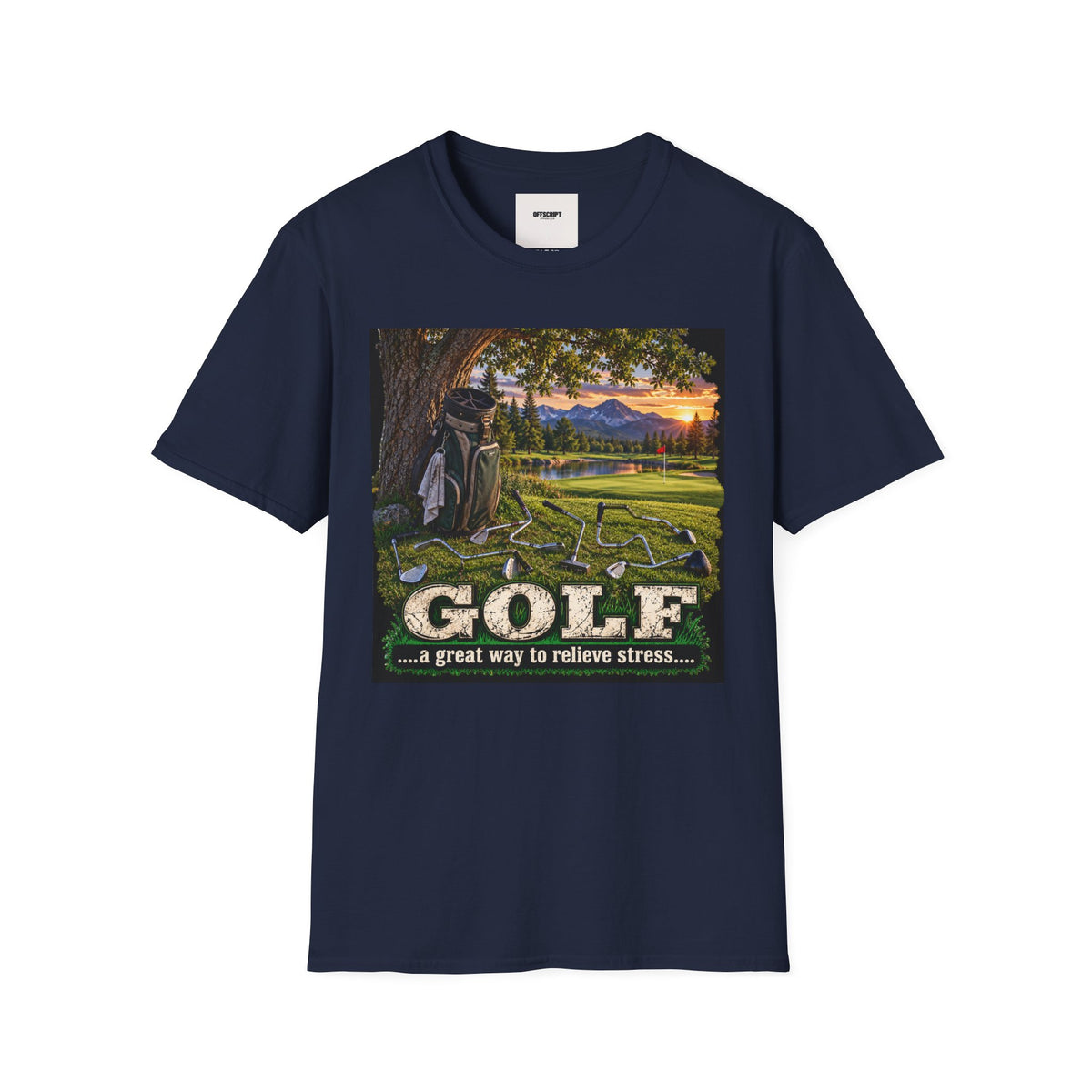 Golf Relaxation T-Shirt — "GOLF: a great way to relieve stress" Scenic Sunset Design