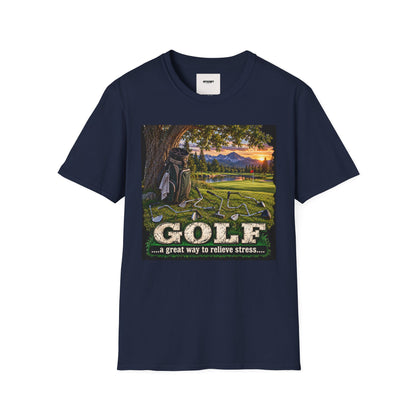 Golf Relaxation T-Shirt — "GOLF: a great way to relieve stress" Scenic Sunset Design