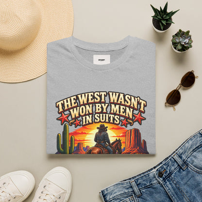 Western Graphic T-Shirt — “The West Wasn’t Won by Men in Suits” Cowboy Sunset Tee