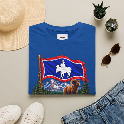 Wyoming Flag T-Shirt — Cowboy & Bison Mountain Scenic Tee