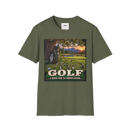 Golf Relaxation T-Shirt — "GOLF: a great way to relieve stress" Scenic Sunset Design