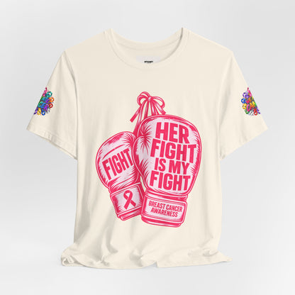 Breast Cancer Awareness Tee – “Her Fight Is My Fight” Boxing Gloves T-Shirt
