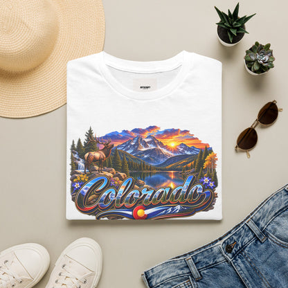 Colorado Scenic T‑Shirt — Mountain Sunset Landscape with Elk and State Script