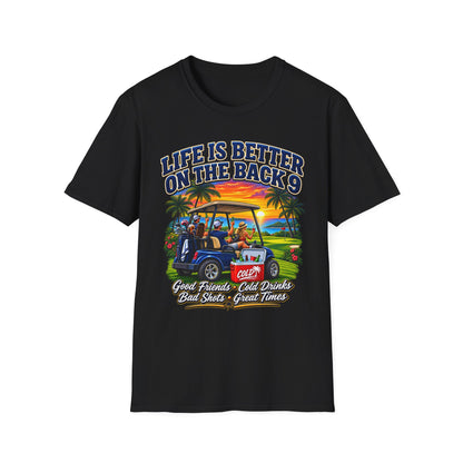 Golf T-Shirt — "Life Is Better on the Back 9" Sunset Golf Cart Design