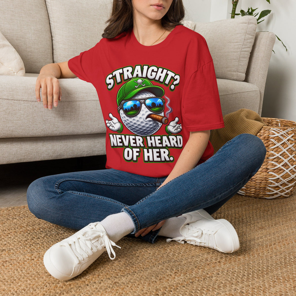 Golf Ball Graphic T-Shirt — "Straight? Never Heard of Her." Funny Golf Shirt