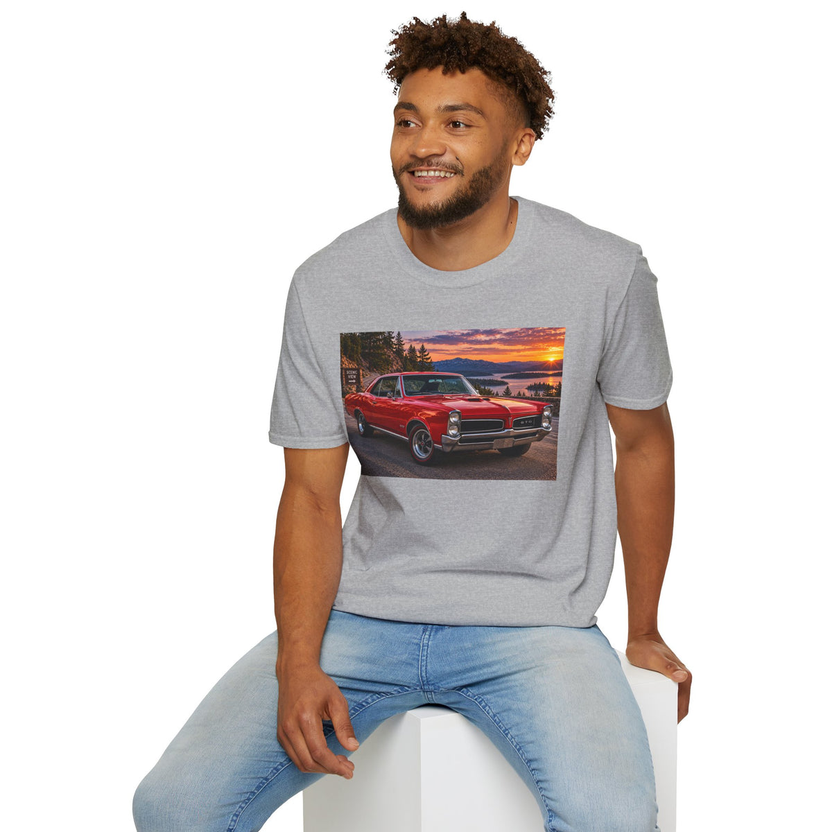 Classic Red Muscle Car T-Shirt — Vintage Pontiac Sunset Driving Tee